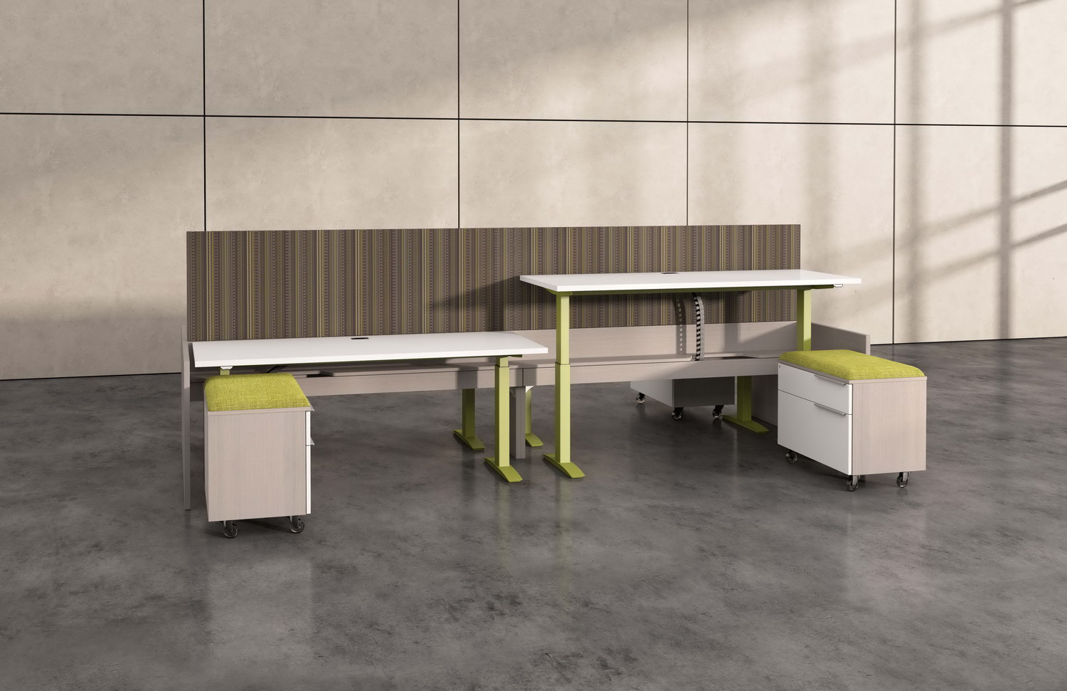 Contract Furniture Rendering of a pair of height adjustable desks side by side.