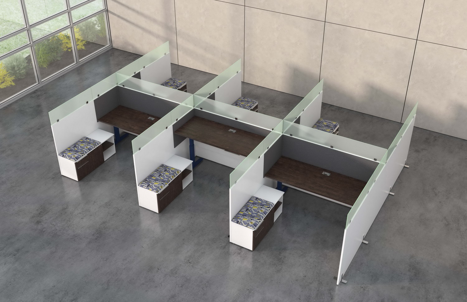 Aerial contract furniture rendering of the Hover benching 6 plex with frosted glass dividers.