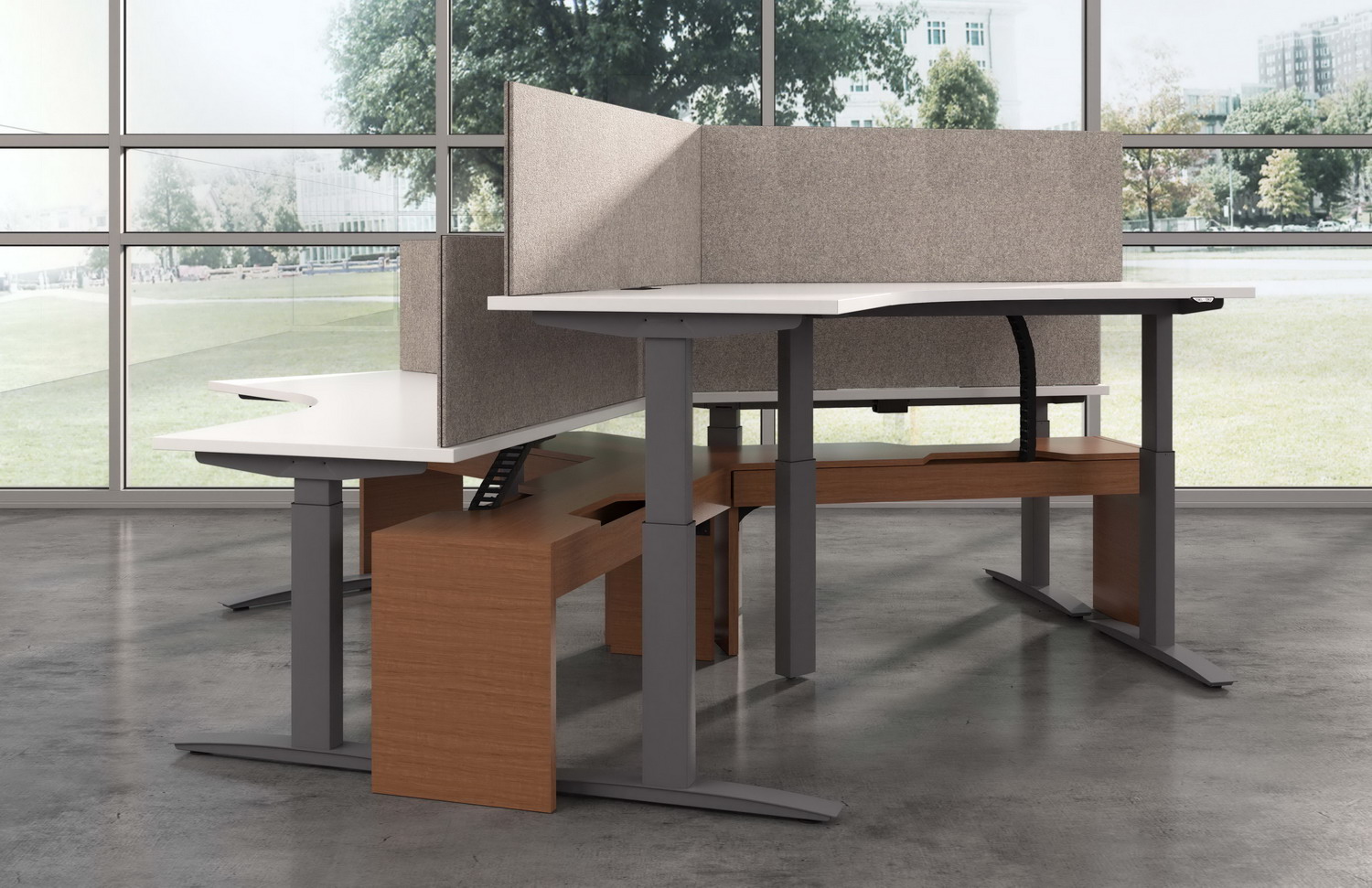 Contract Furniture Rendering of a 3 plex height adjustable desk.
