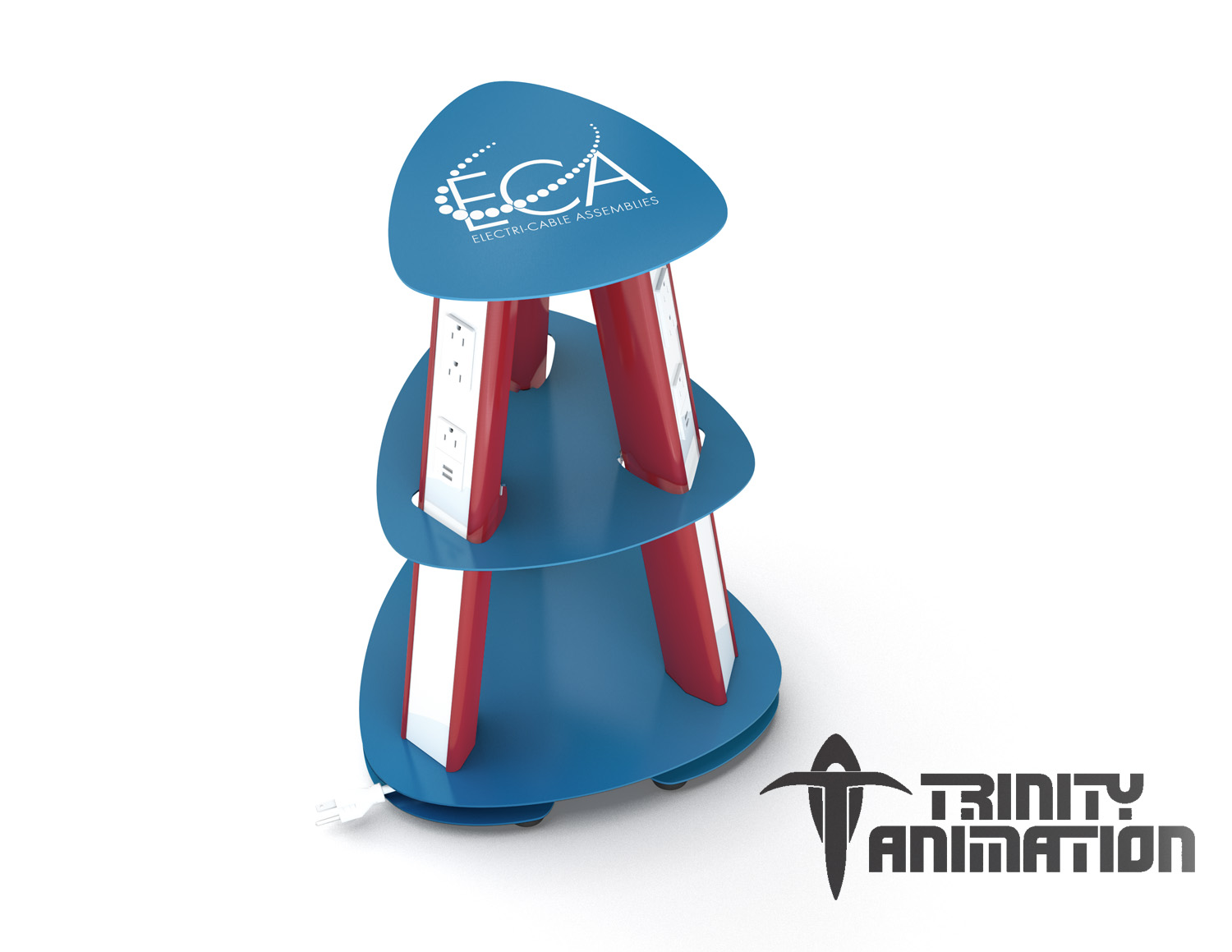 Product rendering of red, white and blue themed ECA Isle power base by Trinity Animation.