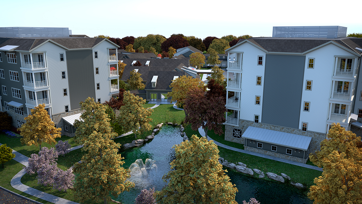 3D architectural rendering of the residential campus seen from above and behind the water feature on the lake. Rendering by Trinity Animation.