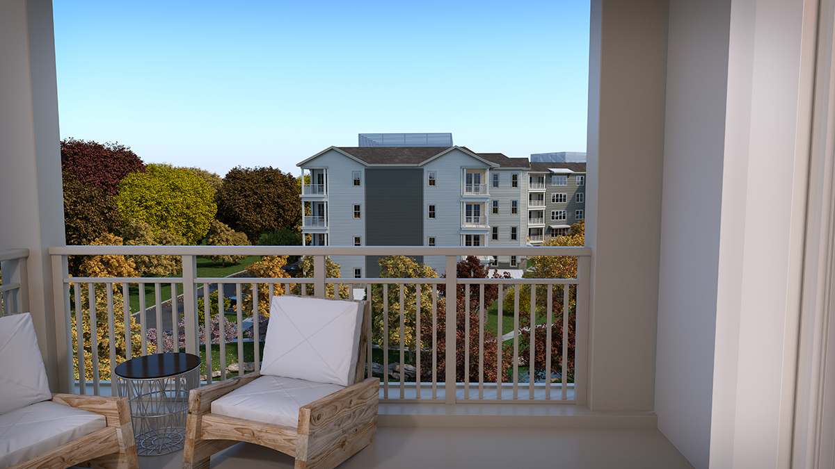 3D architectural rendering of a view of the residential campus as seen from one of the balconies. Rendering by Trinity Animation.
