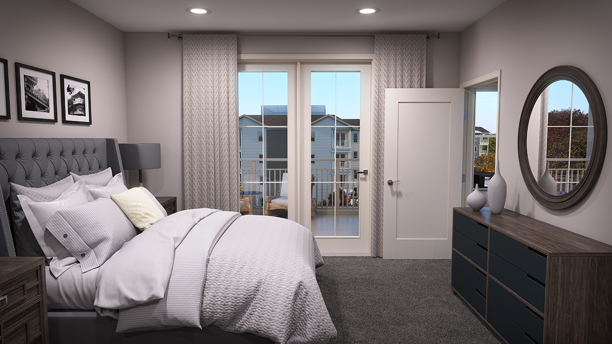3D architectural rendering of one style of bedroom, with added props. Rendering by Trinity Animation.