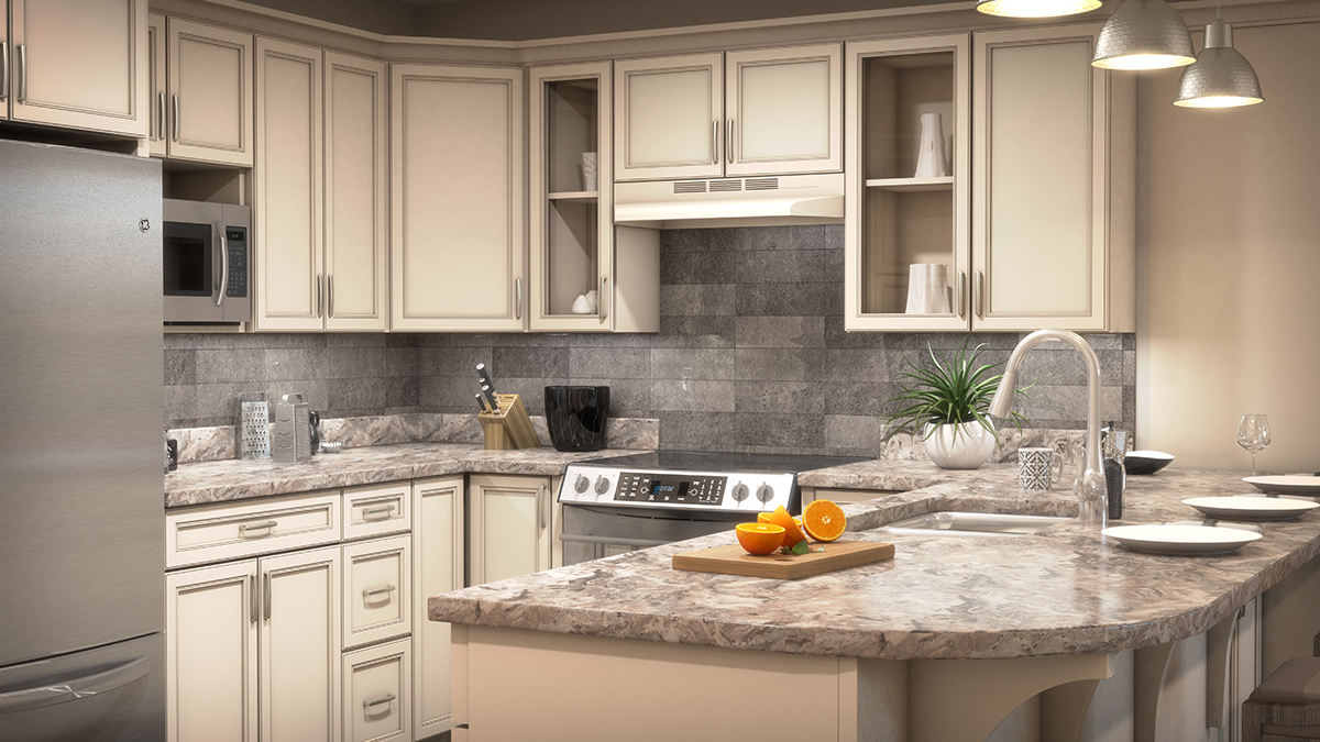 3D architectural rendering of one style of modern kitchen, with cut fruit and other kitchen housewares. Rendering by Trinity Animation.