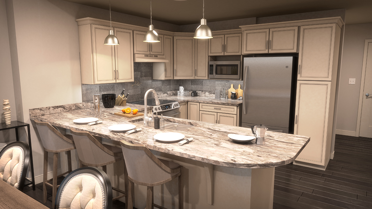 3D architectural rendering of the kitchen, featuring the peninsula set for dining. Rendering by Trinity Animation.