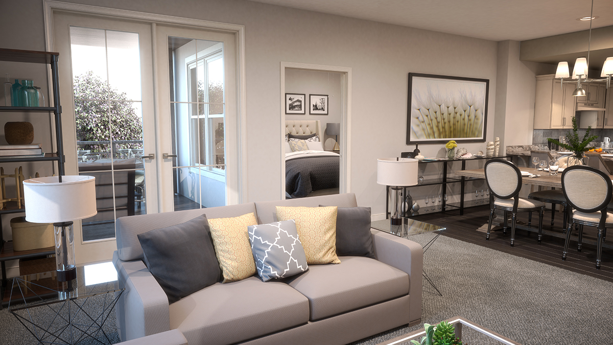 3D architectural rendering of the living room with the bedroom and dining area visible in the background. Rendering by Trinity Animation.