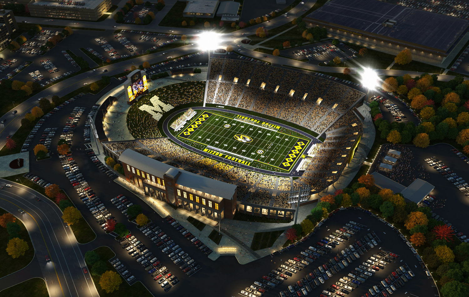 One of several aerial 3D stadium renderings for the Mizzou project.