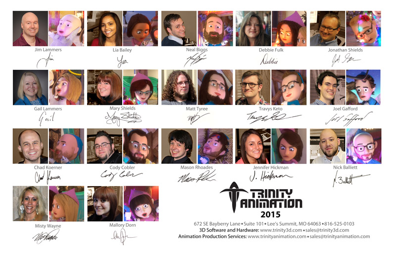 Back cover of the Trinity Animation 2015 Christmas Card with a photo alongside a rendered illustration of each person as an elf.