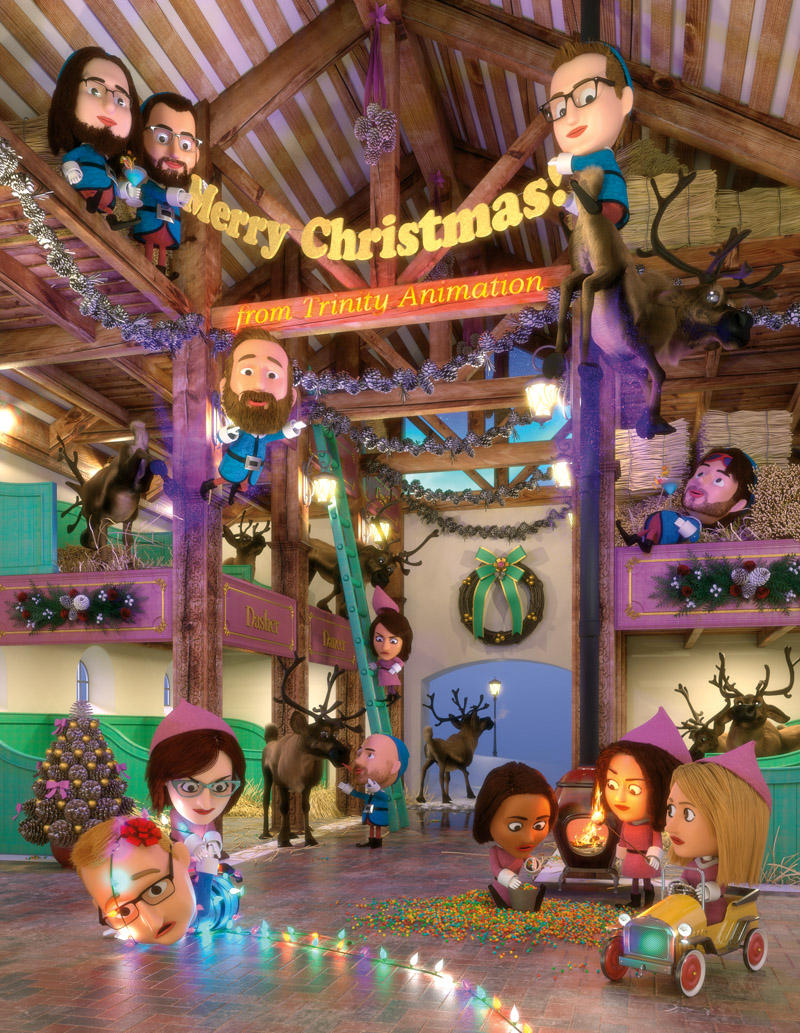 A 3D rendered illustration of a Christmas card scene of the interior of a reindeer barn with elves in various shenanigans.