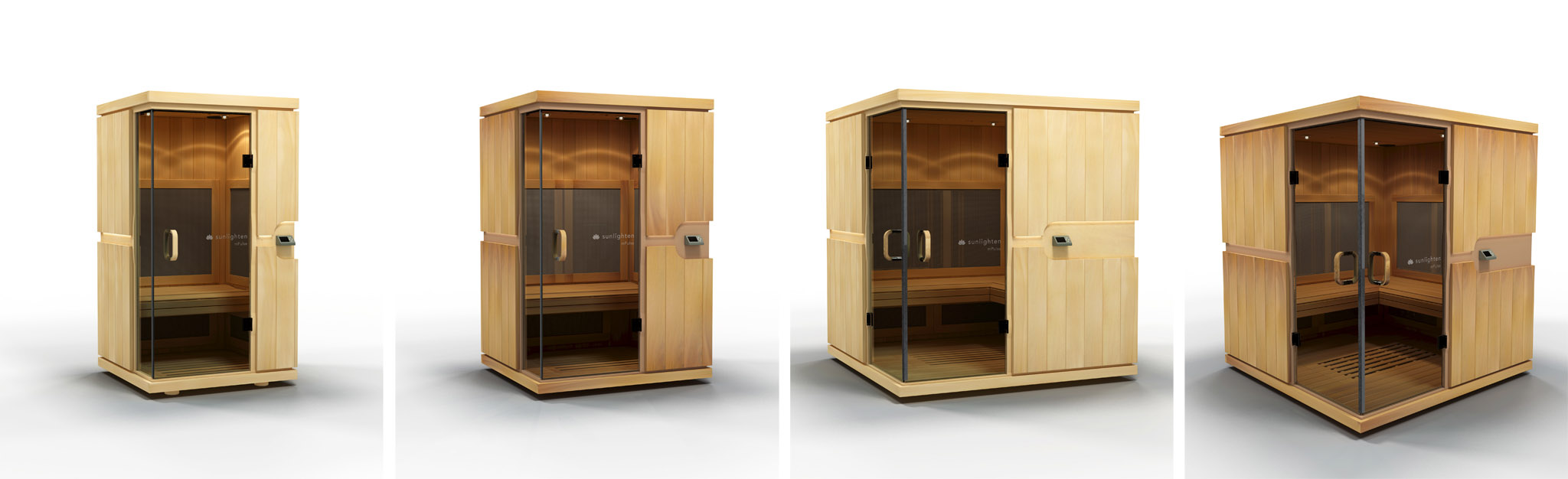 Product visualization white room "sweep" style beauty shots of the mPulse line of saunas.