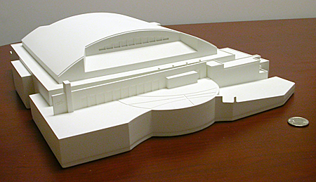 A front view of the arena physical model created via Trinity Animation's 3D printing service.