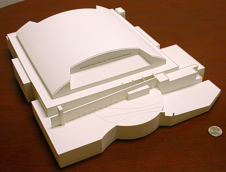 A front view of the Mizzou Basketball Arena, briefly named "Paige Laurie Arena." This physical model was created with Trinity Animation's 3D printing service.