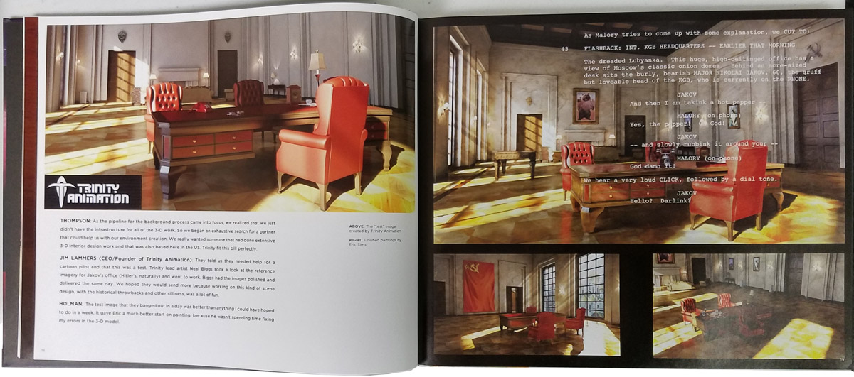 Section of the Art of Archer book detailing how Trinity Animation helps with Archer background art.
