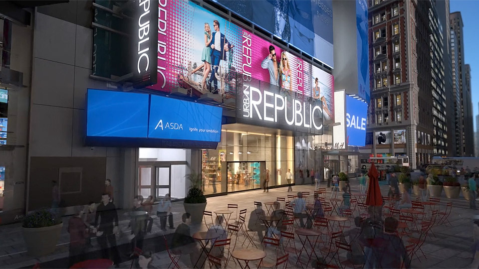 Exterior fly in of New York architectural animation in Times Square.