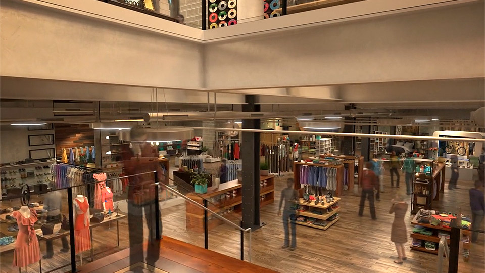 Traveling to lower level of Times Square retail store in New York architectural animation.