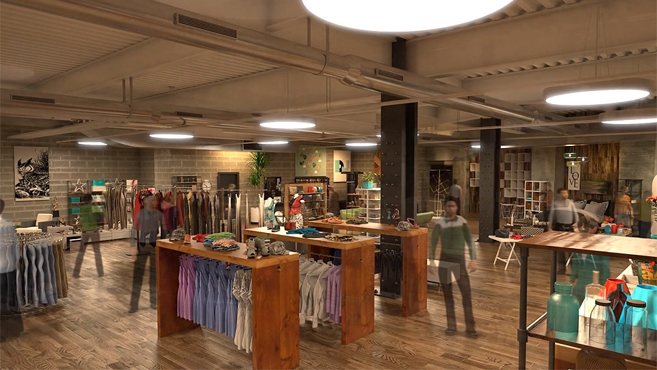 Detailed interior of New York architectural animation showing racks of apparel.