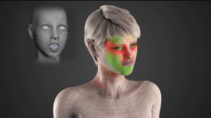 This is a 3D rendered image of the model from the facial animation in the middle of an intense facial expression. There are red and green colors on the face of the model indicating where the tension is in the face and where the wrinkles would occur. In the upper left hand corner there is another 3d model of a face which displays an example of what the animators would see while controlling the face 