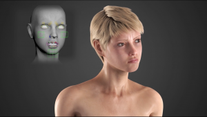 This is a 3D rendered image from the facial animation displaying the human figure in the middle of a facial expression. In the upper left-hand corner there is model that represents how the animators controlled the model from different regions of the face such as the cheeks, moth, and eyebrows.