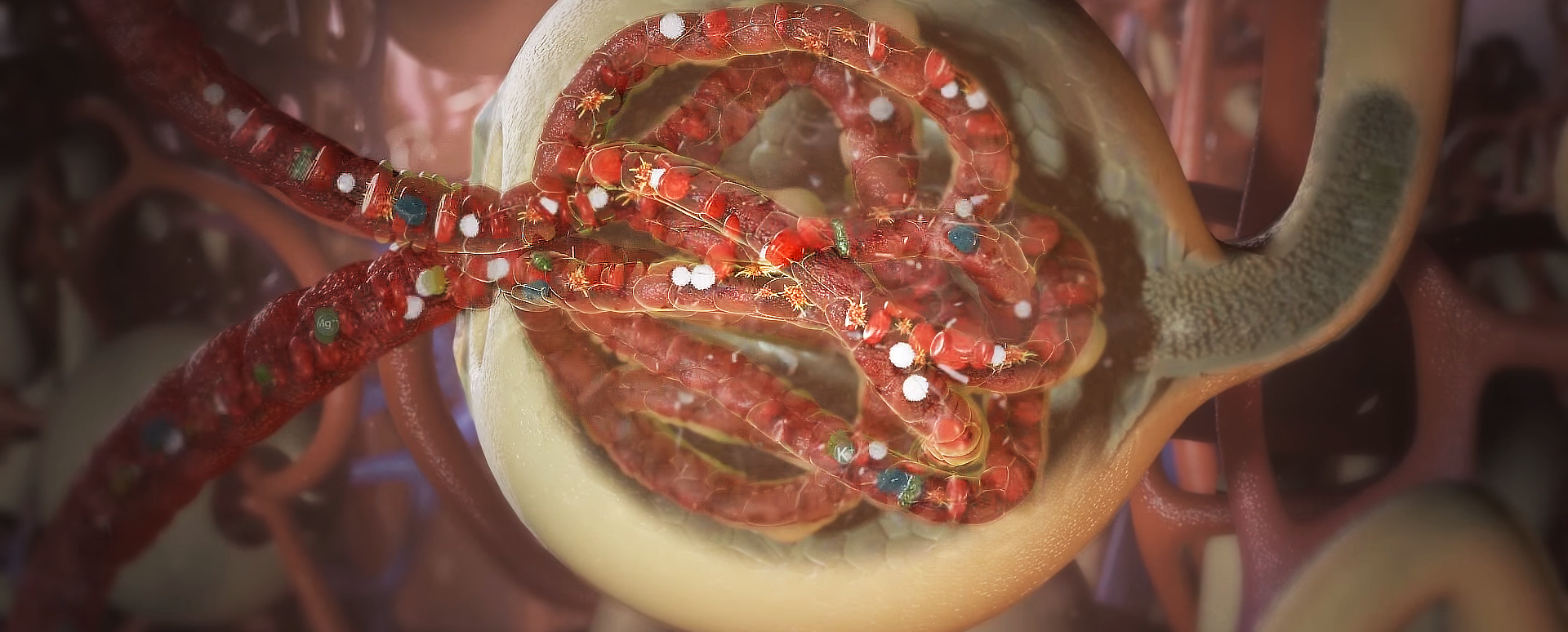 This image is a shot from one of Trinity's medical biological animation portraying a zoomed out view of the Kidney Bowman where the cross-section exists providing viewers with the view of the process of the filtration system rendered from Trinity Animation's 3D software. 