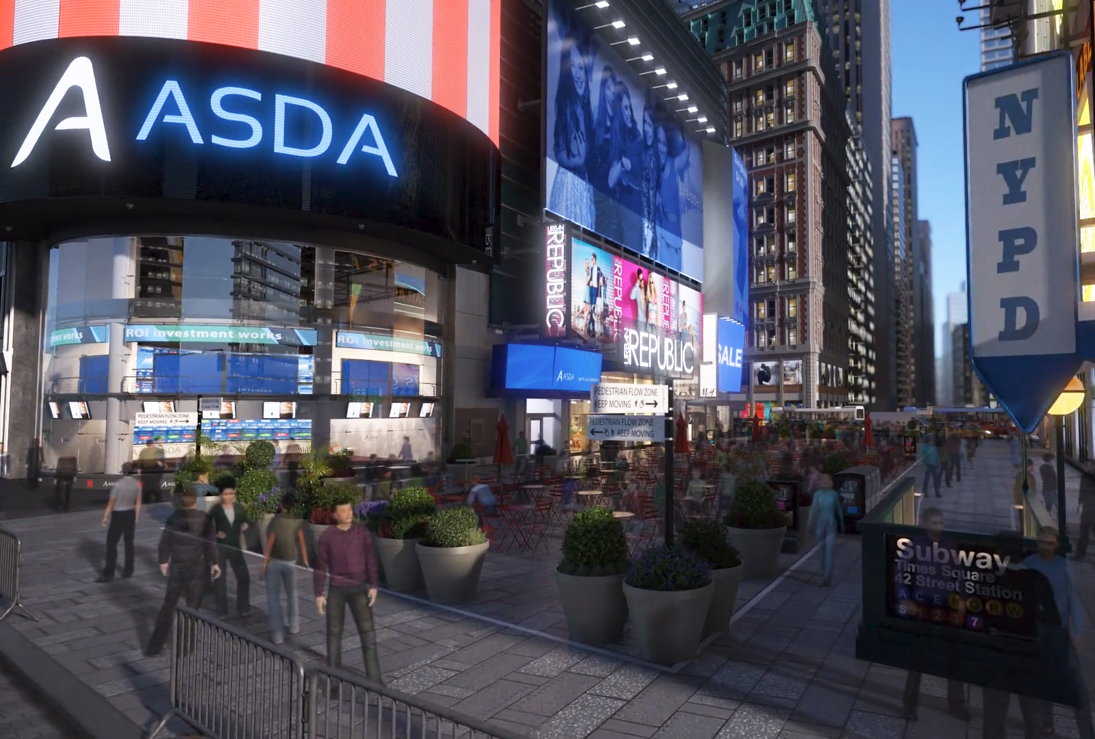 This is a 3D rendered image from Trinity's city animation is of New York's Time Square. This image displays the corner of a large building on Time Square. A blocked off area with red tables and chairs is located between the buildings where 3D modeled people are displayed eating and roaming the sidewalks.