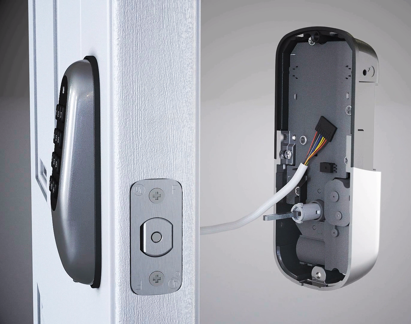 This is a 3D rendered shot from Trinity's 3D product visualization video demonstrating the installation process of the Yale Door Lock. This particular still shot demonstrates how to attach the cable which is attached to the door latch to the interior of the lock. Trinity artists produce accurate 3D models with realistic textures to replicate of every detailed piece of the Yale Lock.