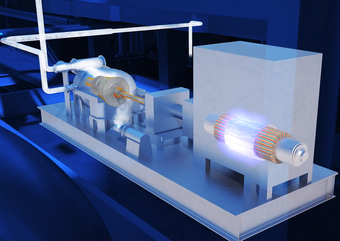 This image is a 3D rendered turbine that converts steam into electricity. Trinity animators made it transparent so viewers could observe the process that occurs inside of it.The background is displays structures of the machinery where it is located in a dark blue color. The turbine is displayed in a light blue color and hints of orange inside of the turbine represent certain elements inside of the machine.