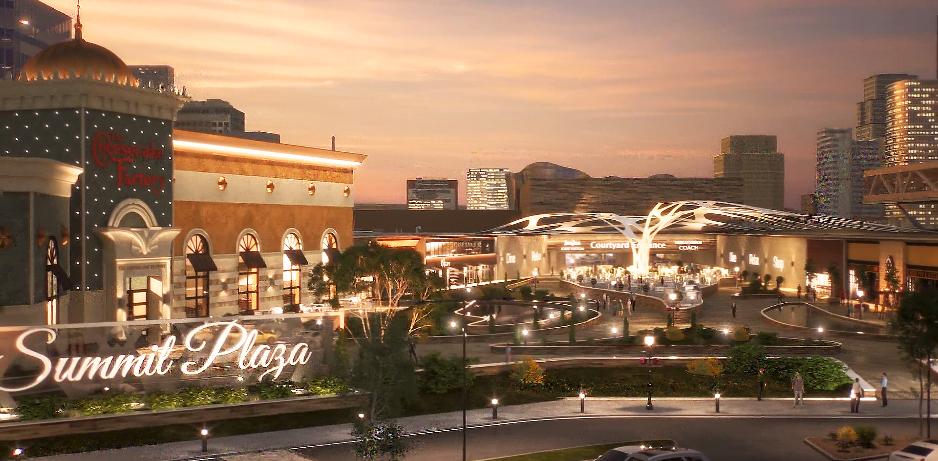 This is a 3D rendered image from Trinity's real estate renderings exhibiting the Summit Plaza Mall. This image overlooks a section of the mall - with a close to a ground view during an beautiful orange evening sunset. It displays several stores and restaurants. To the left of the screen in front of the restaurants is a light up sign that reads "Summit Plaza". 
