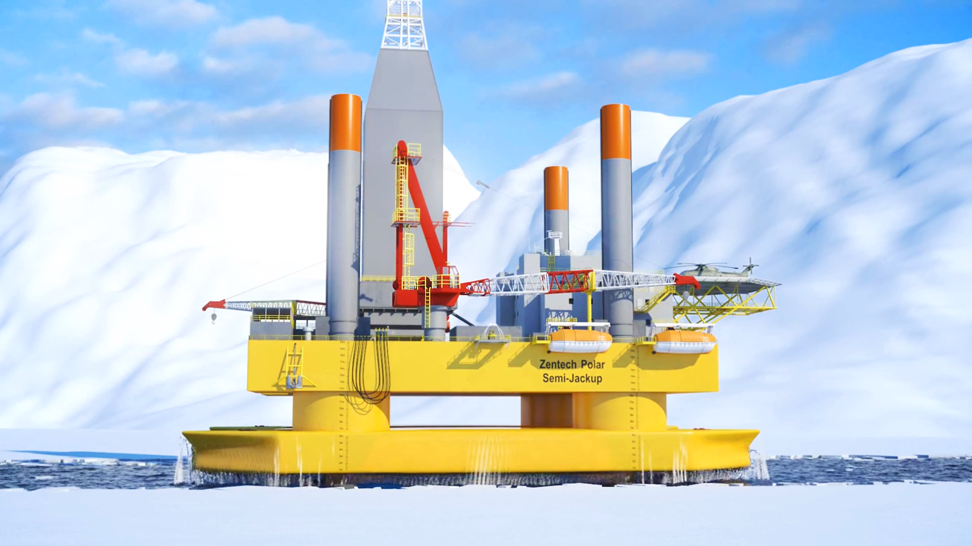 his image displays the 3D rendered  Zentech Arctic Oil Rig that Trinity artist created for there animation demonstrating offshore technology. The image displays the oil rig being elevated from the water. with a five foot air gap between the pontoons and the water.