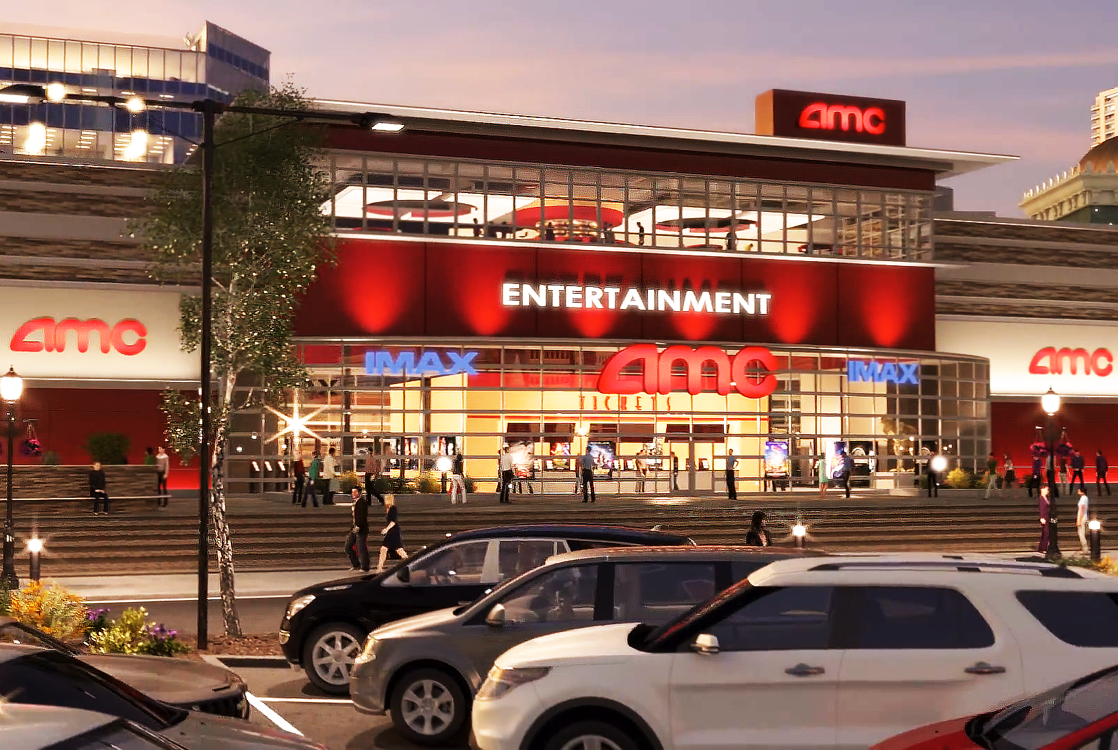 This is a 3D rendered image from Trinity's real estate renderings exhibiting the Summit Plaza Mall. This is a still shot of the AMC movie theatre that will reside at the Summit PLaza Mall. In the foreground, cars are displayed in the parking lot and people are walking along the sidewalks, sitting on benches, or walking into the theatre. The scene is set during the evening so street lights and light on the building are simulated inside of 3D software. This shot demonstrates all of the architectural details that the building will consist of. The camera pans across the area while people walk around the mall going about there day to day life.