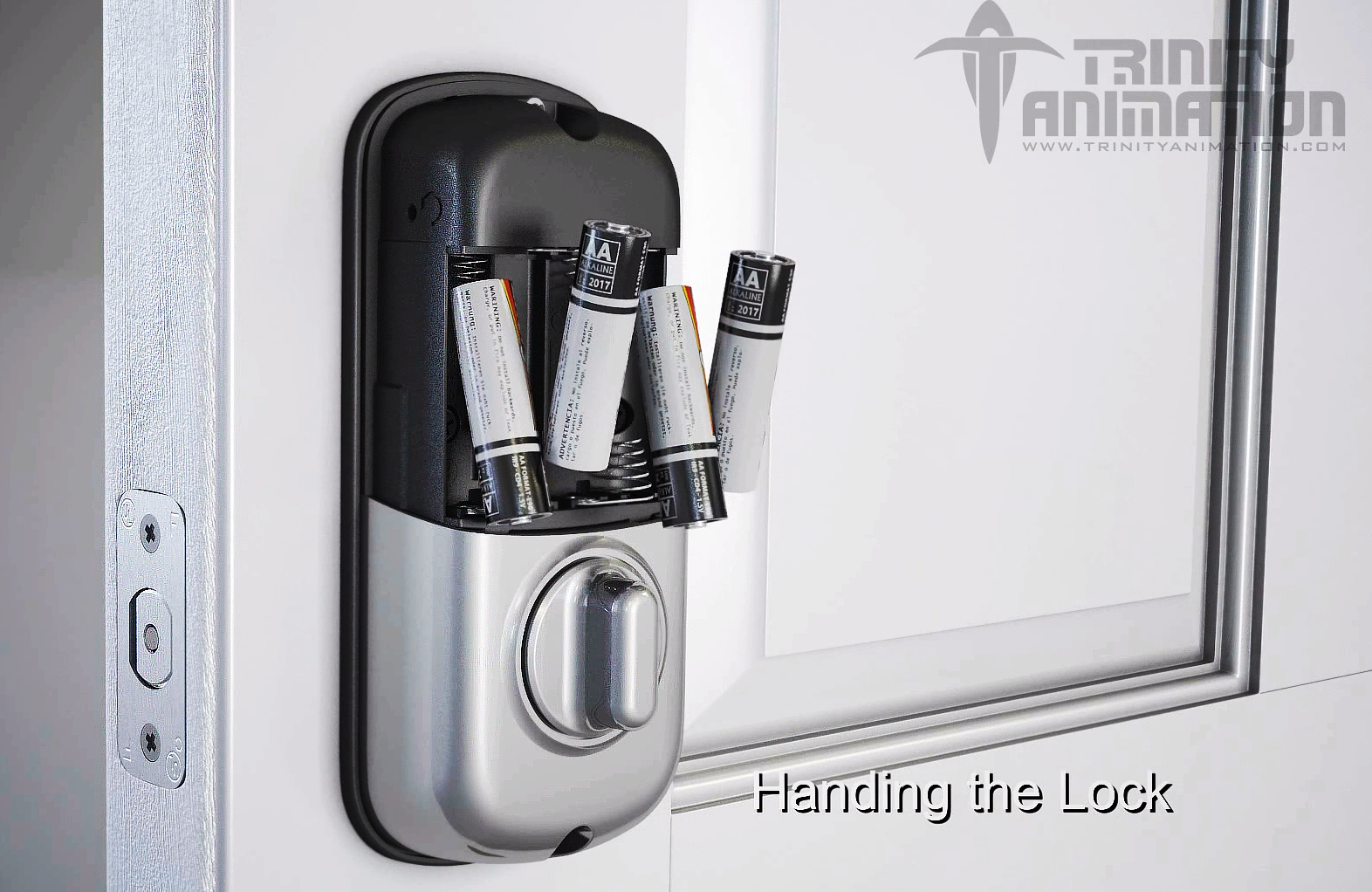 This is a 3D rendered shot from Trinity's 3D product visualization video demonstrating the installation process of the Yale Door Lock.In this shot, the 3D modeled batteries are smoothly placed into their slots on the lock, producing visuals that live footage cant while informing and engaging viewers. Each item is hyper realistically rendered.