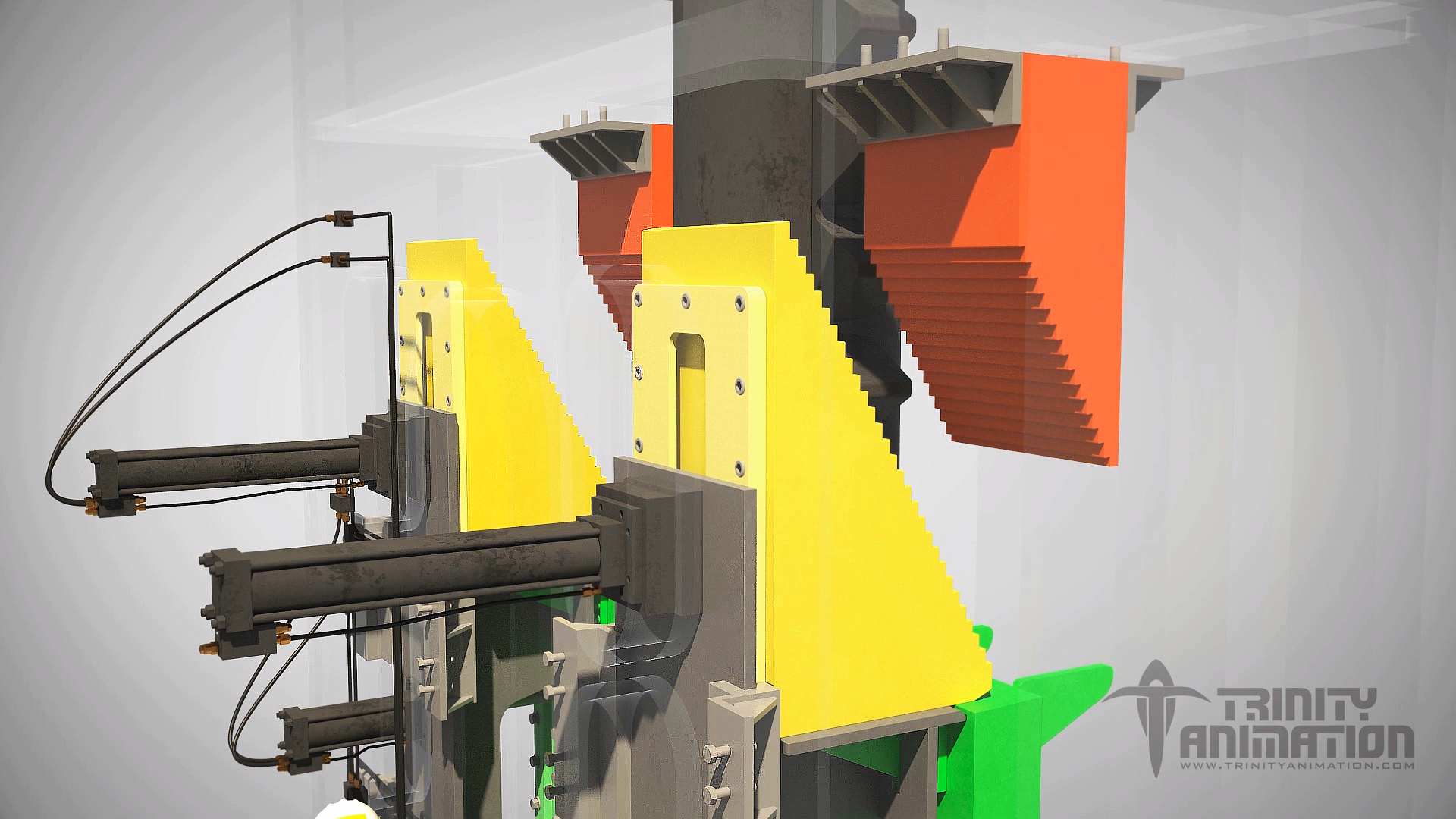 This is a 3D rendered image from Trinity's oil exploration animation - demonstrating how the Zentech Zenlock apparatus works. This image displaysAll four wedges have serrated surfaces allowing differential penetration by each of the three jackup legs through mechanical adjustments.