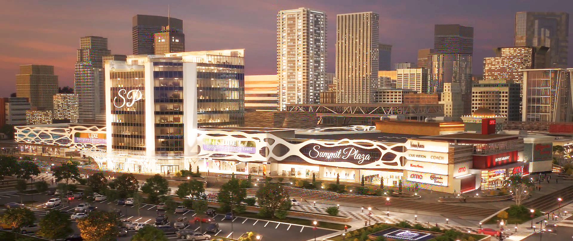 This is a 3D rendered image from Trinity's real estate renderings exhibiting the Summit Plaza Mall. This shot provides an overlook of the Summit Plaza Mall from a distance during the evening, featuring the city skyline behind it. Lighting is controlled inside of 3D software to realistically simulate how the mall will look at night.