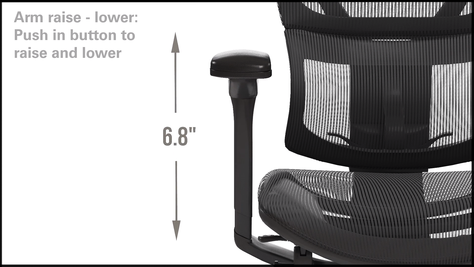 This is a 3D rendered image from Trinity's 3D product animation demonstrating the assembly and operation of the the iOO Office Chair. In this image, the armrest adjustment is displayed with a frontal close-up shot of the chair. The chair is displayed to the right of the screen presenting only one armrest. As the armrest is animated in an up and down motion, graphics to the left of the armrest display the range of the armrest with measurements.