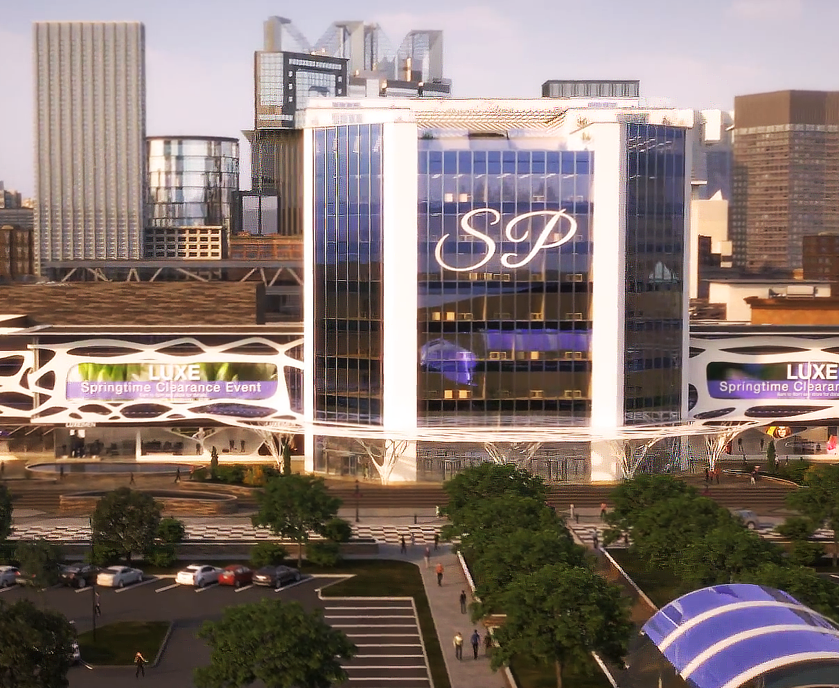 This is a 3D rendered image from Trinity's real estate renderings exhibiting the Summit Plaza Mall. This still image is from the opening scene as the camera sweeps around an overlook of the mall, featuring the city scape behind it.