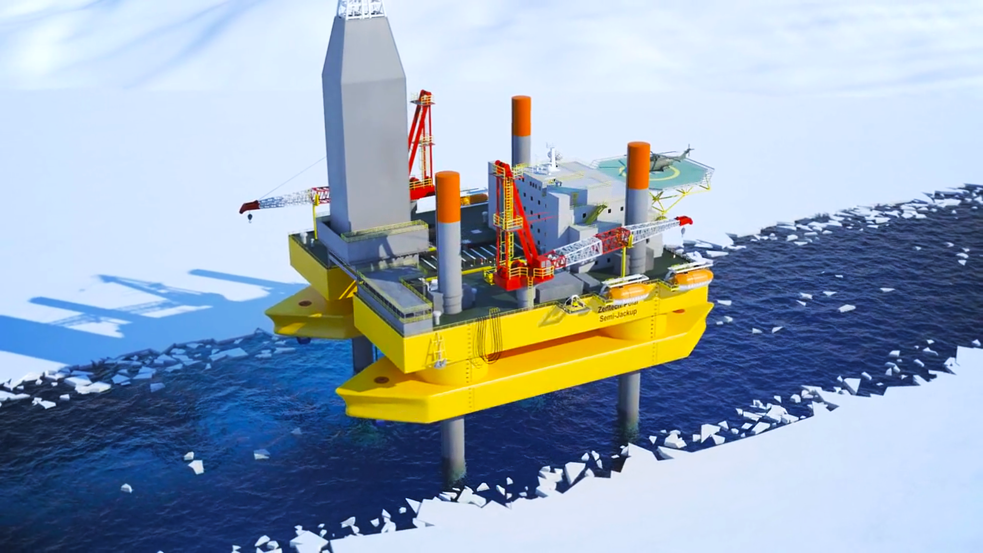 This image displays the 3D rendered  Zentech Arctic Oil Rig that Trinity artist created for there animation demonstrating offshore technology. This image displays a bird's eye view of the oil rig as the legs are lowered into the water before it is jacked upward.