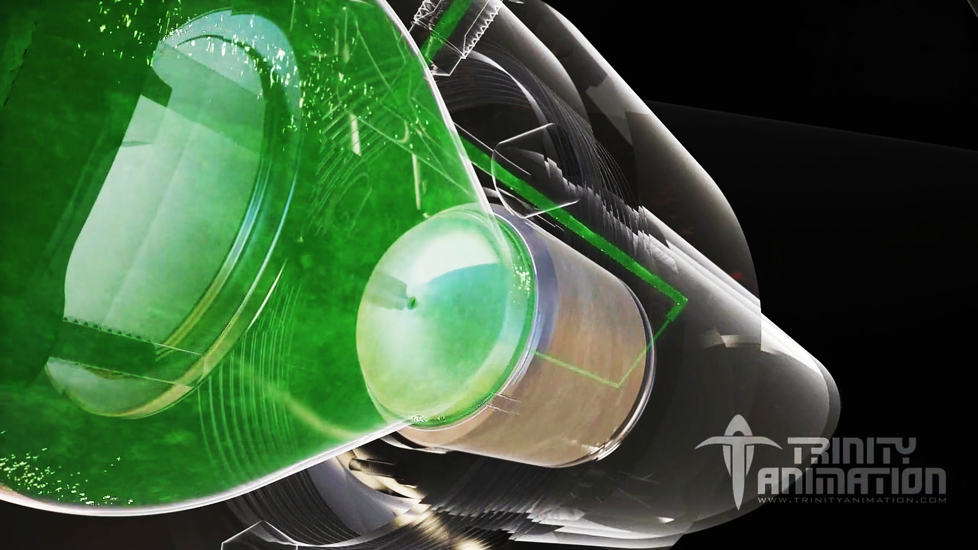 This is a 3D rendered image from Trinity's cad animation demonstrates how the StillX fuel system operates. This image displays a close-up dynamic angle of the receiver. The second fuel stream is being diverted through a piston in the lower house of the receiver. The fuel is represented as a green liquid and the components are transparent so the viewer can see the fuel flowing through the the parts.