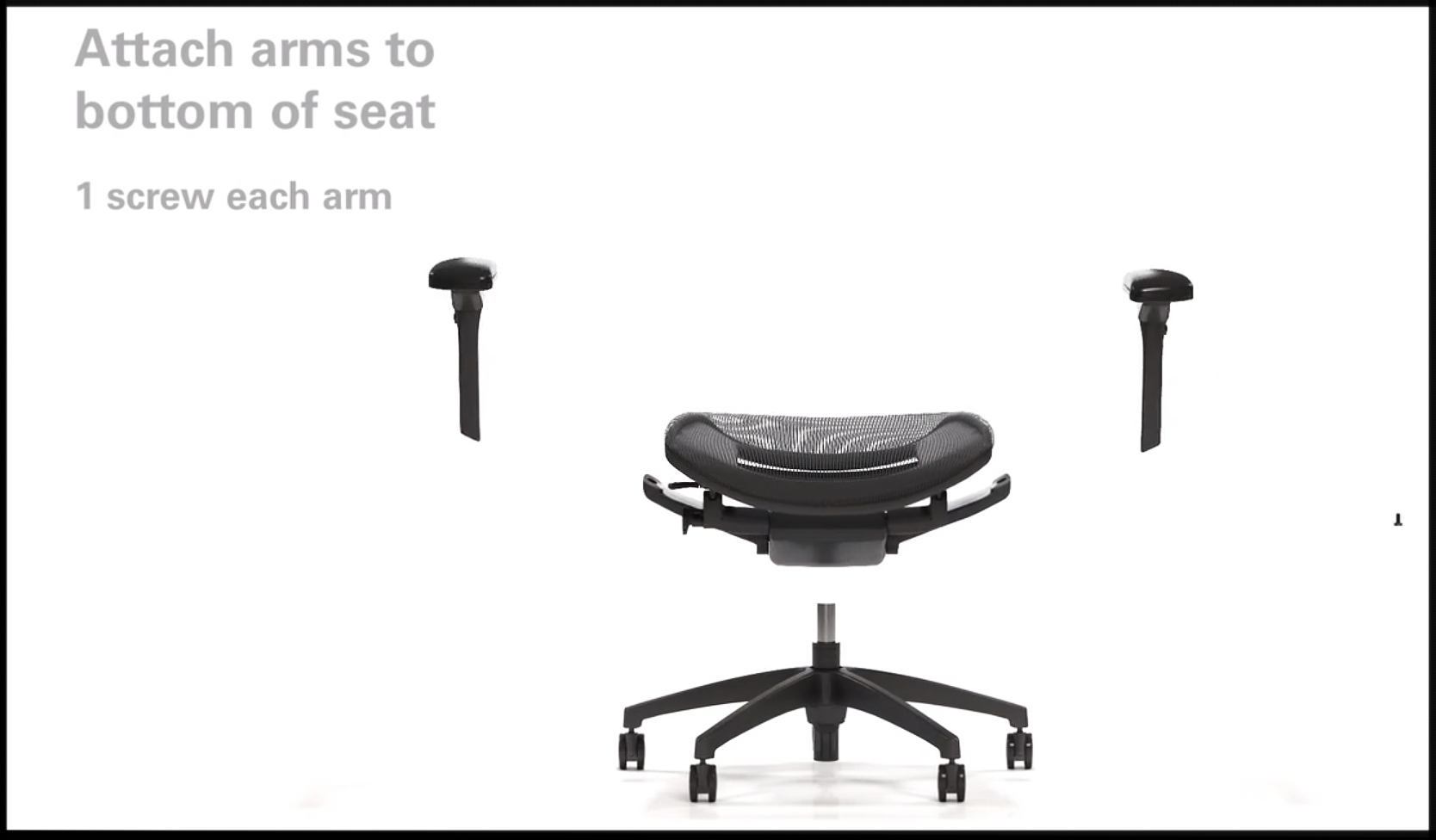 This is a 3D rendered image from Trinity's 3D product animation demonstrating the assembly and operation of the the iOO Office Chair. Each individual part of the office chair is animated separately as it maneuvers onto the screen during the demonstration of the assembly process. In this image The wheels, base, seat, and both arms arms are displayed hovering in space. During the animation, each of these pieces are displayed maneuvering and assembling itself - while providing viewers with the information they need to assemble this office chair.