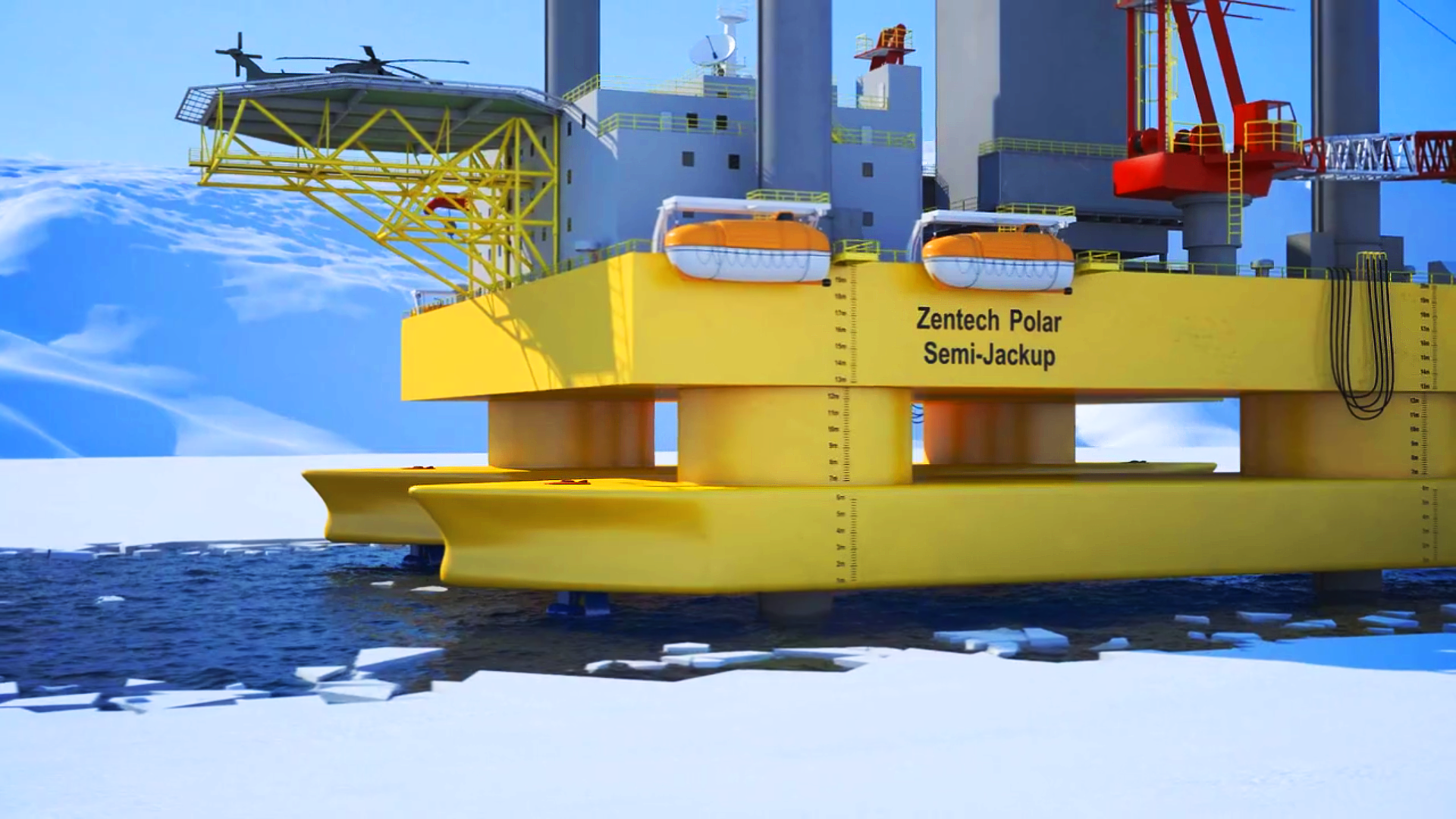 his image displays the 3D rendered  Zentech Arctic Oil Rig that Trinity artist created for there animation demonstrating offshore technology.  This image displays a close ground shot as if someone was taking a photograph from the ice beside it.