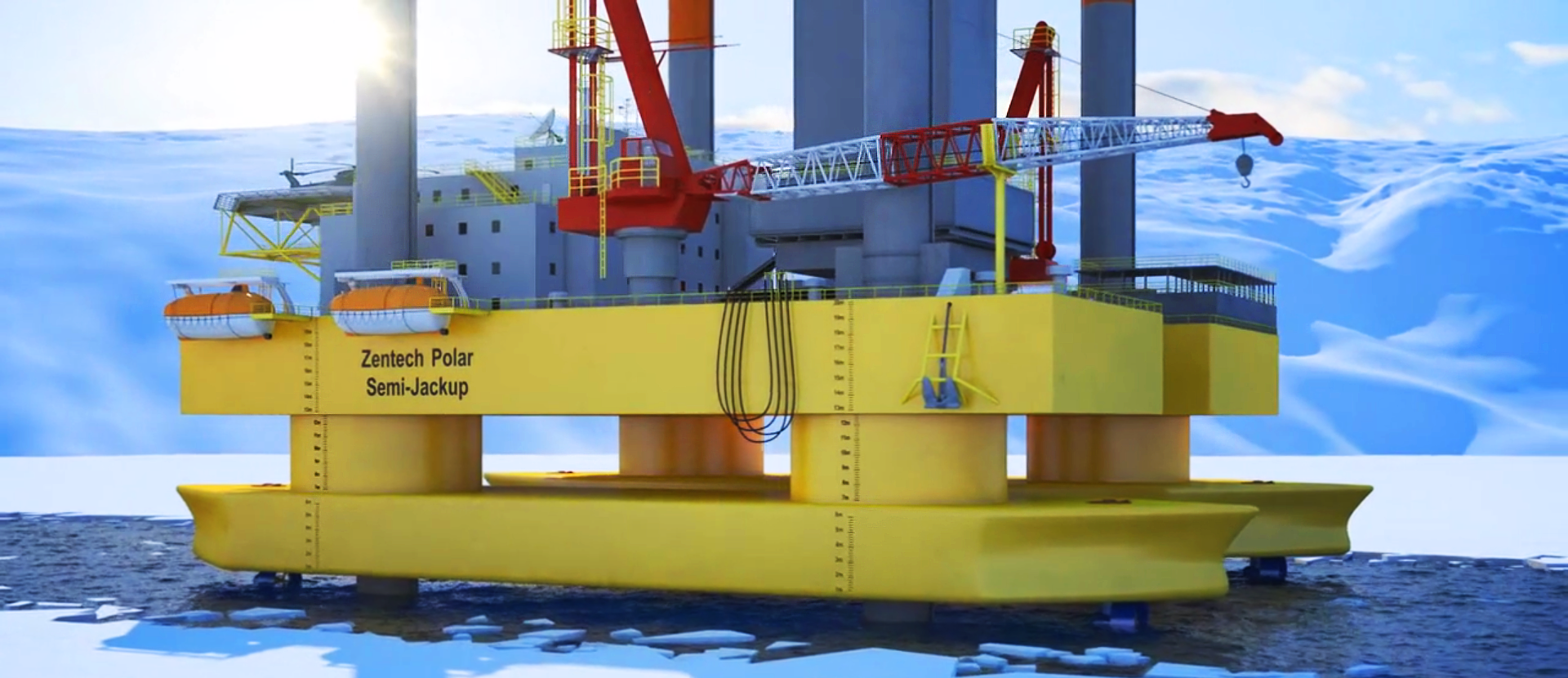 This is a 3D rendered image of the Zentech Polar Semi-Jackup during Trinity's animation demonstrating offshore technology. This is a ground image of the Oil Rig with the sun gleaming from behind it. The glaciers are displayed in the background.