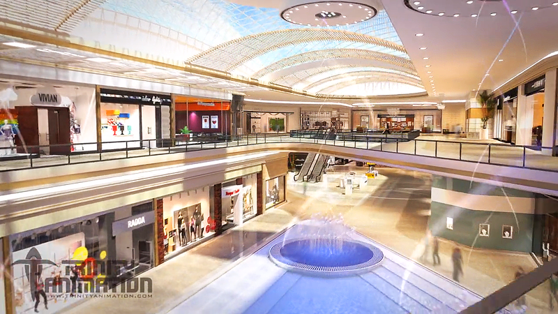 This is a still shot from one of Trinity's mall renderings. It displays the interior from the second story looking over the railing and accross the mall.