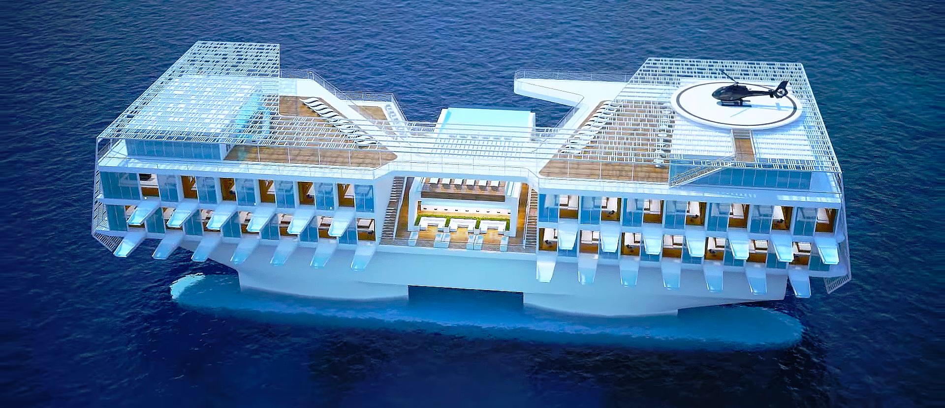 This still image from Trinity's photorealistic architectural rendering displays the 3D modeled resort from a clear aerial view. Ocean water is simulated surrounding the yacht.