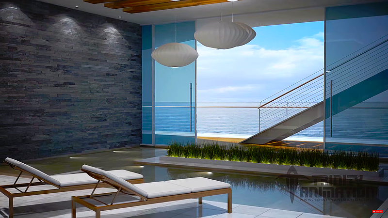 This still image from Trinity's photorealistic architectural rendering displays the Zentech Zee interior lobby Luxury Resort completely rendered realistically inside of 3D software.