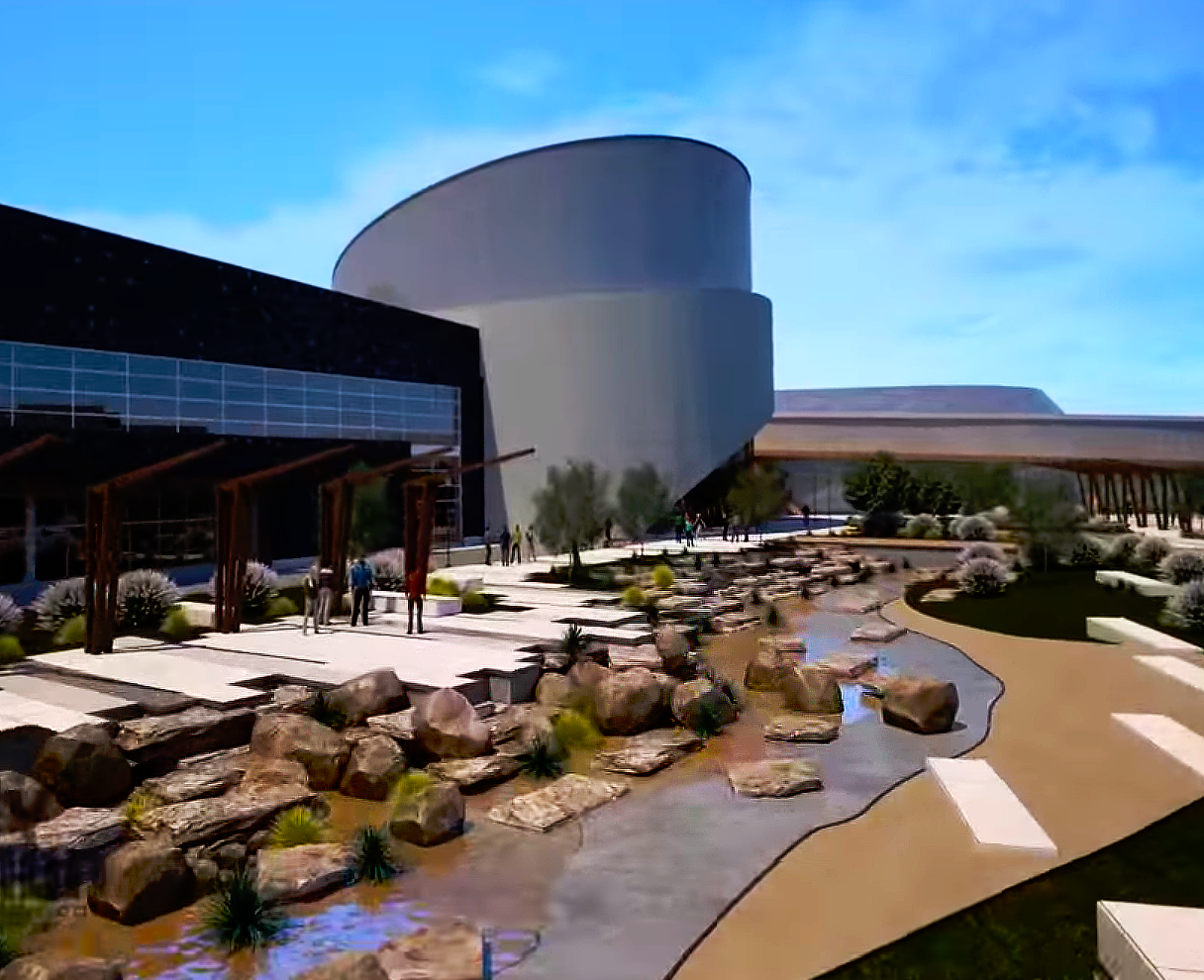 This is a 3d rendered image developed by Trinity Animation for the real estate 3d rendering exhibiting the Bluhawk mall. This specific image displayed the realistically rendered organic material such as water, rock, and foliage that is located throughout the mall.