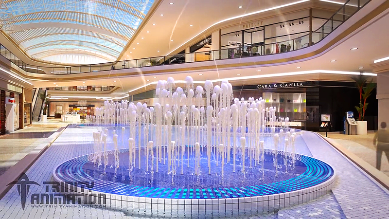 This is a still shot from one of Trinity's mall renderings. This particular shot it a close up of one of the fountains that are located throughout the area. It displays realistically rendered water that Trinity developed through 3D software.