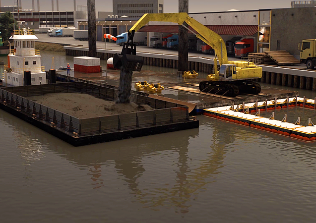 The image from the public relations animation shows dirt and trash from the bottom of the creek is dumped on a barge. 