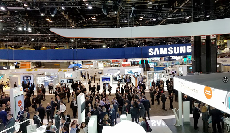 Photo from above of a trade show floor.