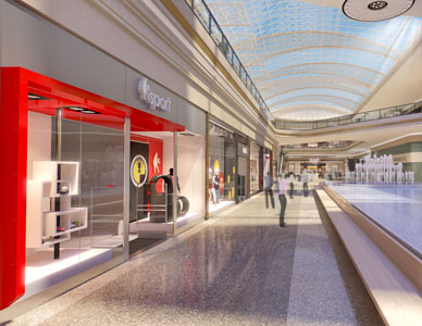 Rendering of mall interior with active fountains and arched glass roof.