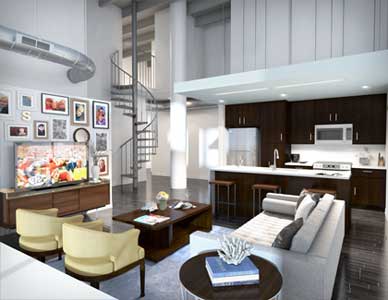 Rendering of a condo interior with furnished living room.