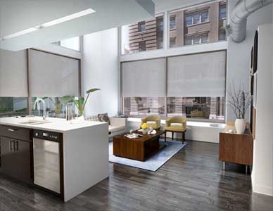 A rendered view from kitchen to living room of a proposed condominium interior.
