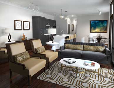 Visualization of condo living room with sofa, chairs, art and a kitchen in the background.
